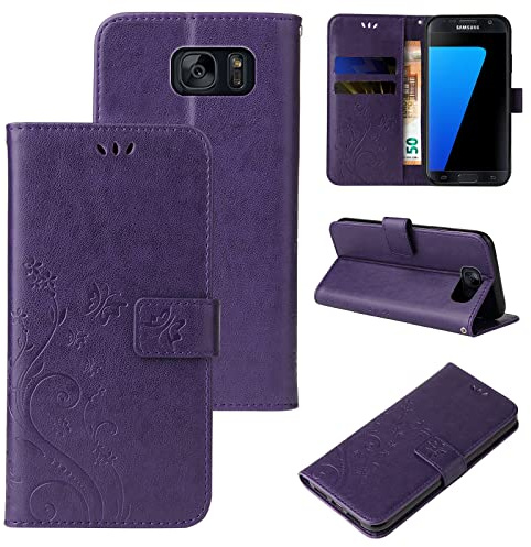 LBH Handy Hülle für Samsung Galaxy S7 Case Handytasche Schmetterling Blumen Flower Standfunktion Schutzhülle Magnet Rundum Schutz 360 Grad Flipcase Cover Violett