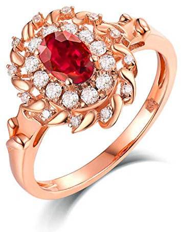 Lieson Rosegold Ring Damen 750 18K, Trauringe Frauen Hohl Blume 0.54ct Oval Rubin mit 0.23ct Diamant Verlobung Ringe Rosegold Große 62 (19.7)