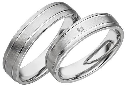 JC Trauringe 925er Sterling Silber Paar-Preis I Eheringe mit kostenfreier Gravur I Partnerringe 6mm breit inkl. Etui I Herren-Ring ohne & Damen-Ring mit Zirkonia-Stein I Größe 48 bis 72 I S033