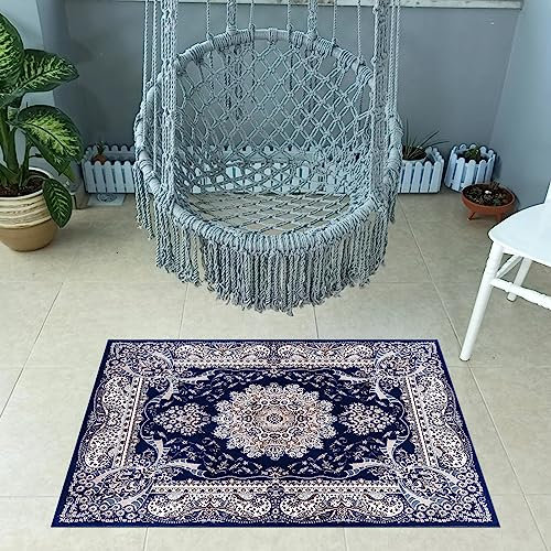 cozily® Washable Soft Pile Floral Rug, 80 x 150 cm (2 ft 7 in x 4 ft 11 in) - Blue - Jute Backed Vintage Area Rug for Lounge, Garden, Patio, Stiing and Hall
