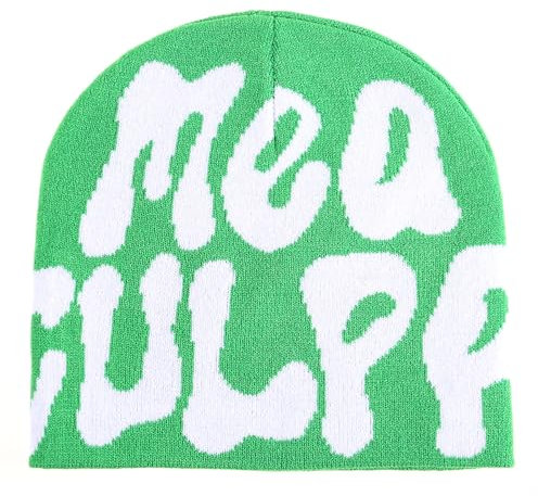 Cleveinuan TaowaveWomen Beanie Y2k Mütze, MEA Culpa Graphic Beanies Designs, Wintermütze Strickmütze Totenkopfmütze, grün / weiß, Einheitsgröße