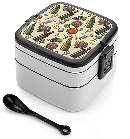 OTRAHCSD Bento Box, Vintage Stilvolle Flaschen Wein und Traube Lunch Box, 2 Schichten Lebensmittel Aufbewahrungsboxen mit Griff