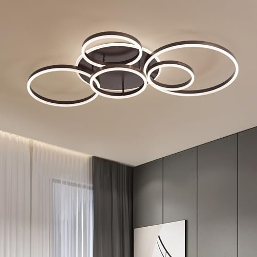 minifair Dimmbare Led Deckenleuchte,116Cm Unterputz-Deckenleuchte Mit 108 W Und 6400 Lm,Mit Fernbedienung, 6-Ring-Kronleuchter FüR Wohnzimmer, Schlafzimmer, Esszimmer,3000–6000 K,Braun
