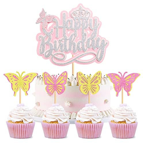 Blumomon 25 Piece Crown Happy Birthday Cake Topper Butterfly Cake Topper Gold Pink Butterfly Cake Topper Cupcake Picks for Girls Birthday Wedding Children Theme Party Decoration