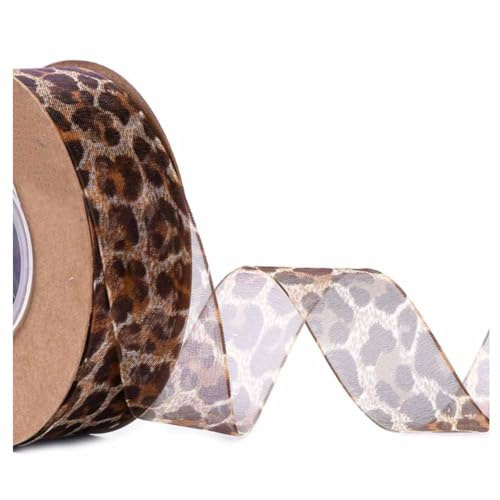 SHTGOI Leopardenmuster Organzaband 10 Yards/Rolle Tierdruck Chiffonband Schleifenband Leopard Print Organza Geschenkband Dekoband Weiches Transparentes Band für Basteln,Nähen,Geschenkpackung 40mm