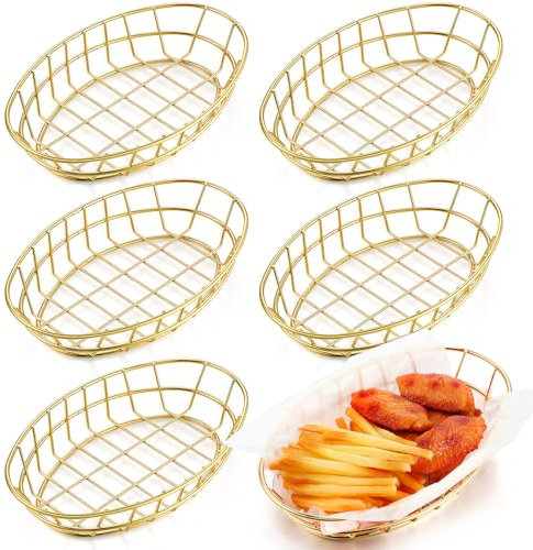 Tioncy 6 Pcs Chrome Oval Metal Wire Baskets 9.5 x 6.2 x 2.2 Inch Bread Serving Decorative Sandwich Container Valentines Party Fast Food Basket for Fruit Burger Kitchen Restaurant(Gold)