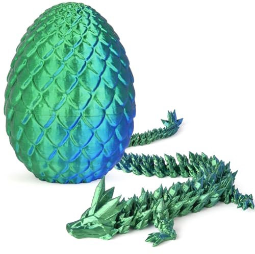 OSDUE 3D-Gedruckter Drache (29cm) mit Drachenei, 3D Gedrucktes Drachenei Drache Spielzeug Bewegliche Gelenke Geheimnisvolle Artikuliertes Drachen im Ei für Erwachsene Kinder (Lasergrün)