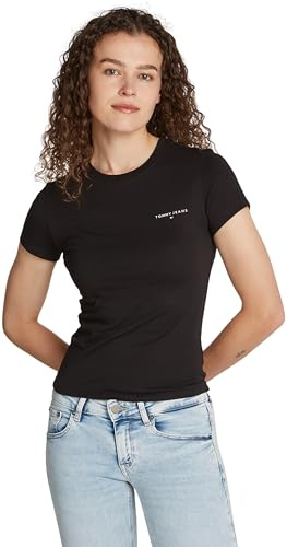 Tommy Jeans Damen T-Shirt Kurzarm Slim Fit Linear Rundhalsausschnitt, Schwarz (Black), XS