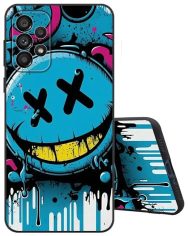 Sinyunron Handyhülle Kompatibel mit Samsung Galaxy A53 5G Hülle Silikon Matte Schwarz Rückseite mit Muster,Weiche Stoßfest Kratzfest Schlanke TPU Softschale Schutzhülle,Blaues Emoji