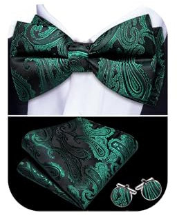 Barry.Wang Vorgebundene Fliege für Herren, Paisley-Seide, Einstecktuch und Manschettenknöpfe für Hochzeiten und formelle Veranstaltungen, Dunkelgrünes Paisleymuster, Einheitsgröße
