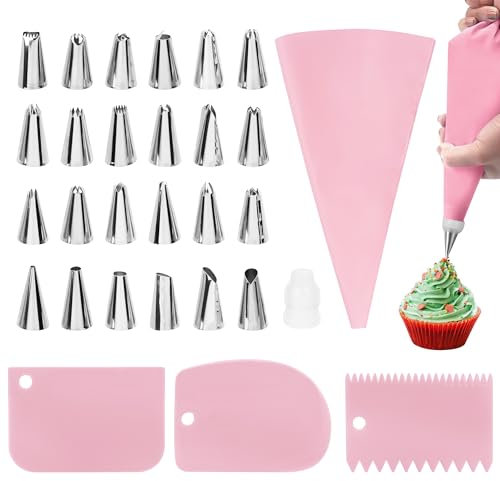 Biiange Lot de 29 poches à douille réutilisables avec embouts pour décoration de gâteaux, cupcakes, cookies (rose)