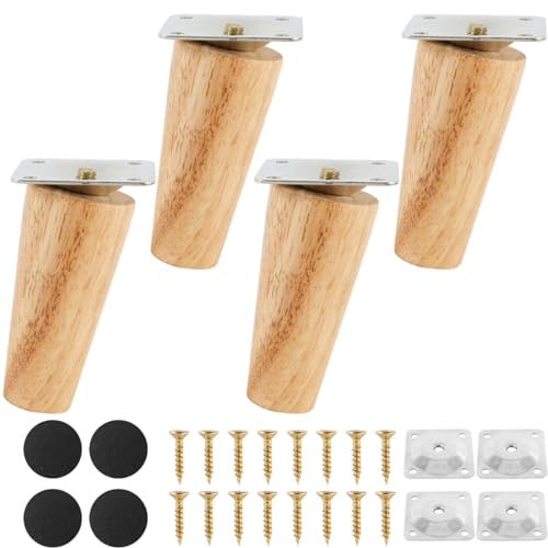 Set di 4 Gambe per Mobili in Legno, 8 cm, Inclinate, Con Piastra di Montaggio, Viti e Tappetino Antiscivolo - Per Divano, Letto, Poltrona, Armadio