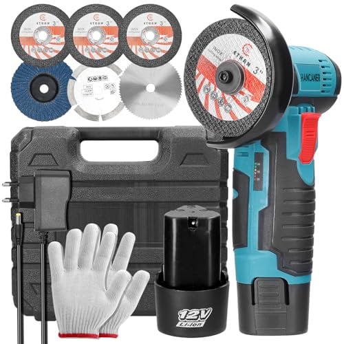 Hancaner Mini Akku Winkelschleifer mit Kunststoffbox 12 V Professional Akku Winkelschleifer 2×2.0Ah Akku Flex 19500rpm Winkelschleifer mit 6-76mm Trennscheiben- Trennen und Polieren von Fliesen