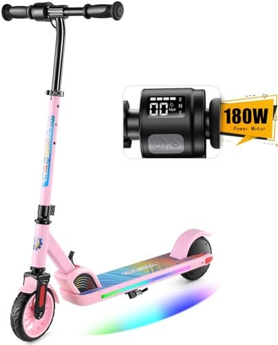 Caroma E Scooter für Kinder Alter 6-14, 180W Motor, 16 km/h, 80 mins Fahrzeit, einstellbare Geschwindigkeit und Höhe, Bunte Lichter, LED-Anzeige, Faltbarer Kinder Elektroroller Rosa