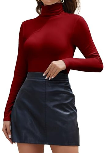 Joyshaper Women Turtleneck Tops Ladies Long Sleeve Roll Neck T-Shirts Jumpers High Neck Blouses Casual Plain Tee Wine Red,M