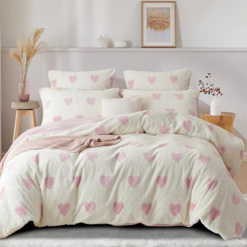 Nyescasa Plüsch Bettwäsche 200x200 Rosa Herzen Warme Winter Flauschig Flanell Wendebettwäsche Langhaar Deckenbezug Teddy Fleece Cashmere Touch Bettbezug mit Reißverschluss und 2 Kissenbezug 80x80cm