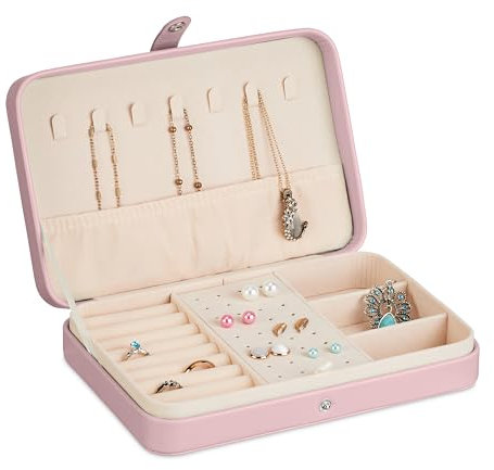 Relaxdays Schmuckkästchen, Schmuckaufbewahrung, Ringe, Ohrringe & Ketten, Reise Schmucketui, HBT: 4,5x21x14,5 cm, rosa