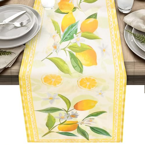 Volumoon Tischläufer Leinen, Zitronen Tischdecke, Vintage Küche Tisch Dekoration, Tischdecke Rechteck Zitronen Gelb, Kreativ Obsttisch Tischdecken für Küche Dekoration, Party, Restaurant, 40 x 140 cm