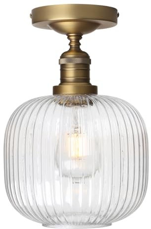 Pathson Industrie Semi-affleurant Plafonnier, E27 Éclairage de Plafond à Abat-jour en Verre Strié, pour Salon, Salle à manger,Cuisine (Antique)