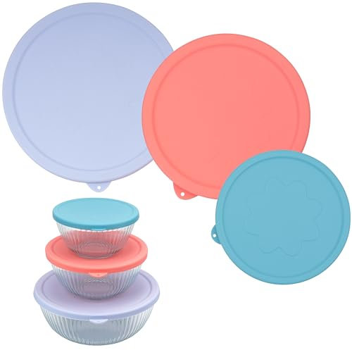 Purekra 3 Pack Silicone Replacement Lids for Pyrex 7402-S 1.3 Qt, 7403-S 2.3 Qt, 7404-S 4.5 Qt Sculpted Tinted Glass Mixing Bowls (BOWL NOT INCLUDED)