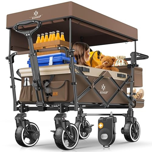 KESSER® Bollerwagen Faltbar GTS-9100 mit Dach Handwagen Transportwagen klappbar belastbar bis 150kg mit Hartgummi-Räder & Feststellbremsen Vorne/Hinten Inkl. Schloss, Abdeckung, Wetter & Sichtschutz