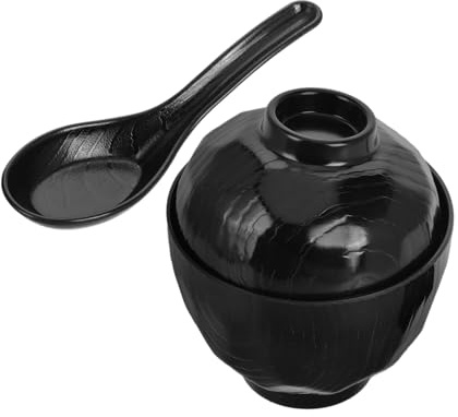 TOPPERFUN Japanische Miso Suppenschüssel aus Kunststoff mit Deckel, Schwarz | Löffel, 2 Stück für Familie und Restaurant, Moderne Optik im Koreanischen Stil