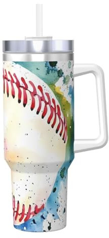 ZSUUGJ Baseball Color Ink - Vaso aislado de 40 onzas con asa y tapa con pajilla, taza de viaje, taza de café, botella de agua reutilizable, ideal para coche, trabajo, regalo