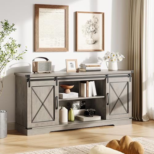 Farmhouse TV Stand for TVs Up to 65, Rustic Entertainment Center with Sliding Barn Doors, Storage Cabinets & Adjustable Shelf, Media Console for Living Room, Bedroom, Grey