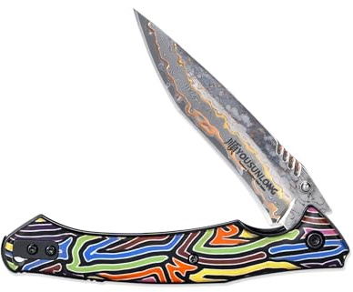 YOUSUNLONG Klappbares Taschen-Campingmesser - Klinge aus CuMai-Damaszener-Stahl - mehrfarbiger G10-Griffüberzug
