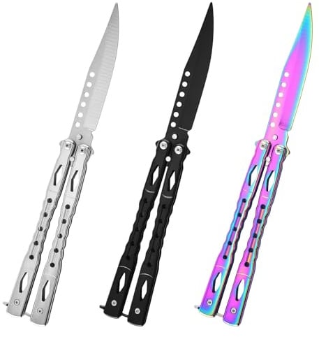Sporgo 3 Stück Butterfly Messer: Butterfly Trainer Ungeschärfte Klinge Übungs Butterfly Kamm, Edelstahl Butterfly Knife Trainer für Trainingsmesser Anfänger übt Flipping-Tricks(Schwarz+Weiß+Farbe D)