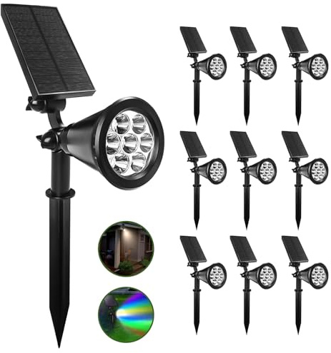 Fosingut RGB Luces Solares LED Exterior Jardin,2 en 1 Focos LED Exterior Solares Impermeable IP65,RGB Aplique Solar Lámparas de Jardín para Césped,Patio,Terreza,Piscina,Árboles,Camino,Entrada-10 Pack