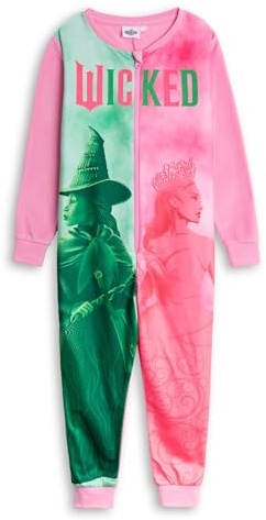 Wicked Elphaba Glinda Girls Pink Microfleece Zip-Up Onesie | Long Sleeve Sleepwear & Loungewear | Crew Neck Character Nightwear for Kids Merch
