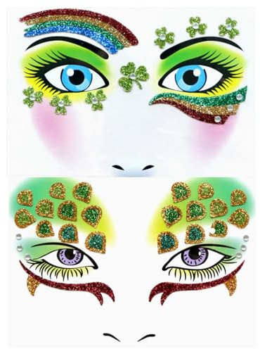 Gleevio Klee Gesichtstattoo Karneval,2 Stück St. Patrick Schminke Face Art Sticker,Glitzer Gesicht Aufkleber Tattoo Gesicht St. Patrick,Klee Temporäres Tattoo,Ablösbare Face Sticker für Fasching