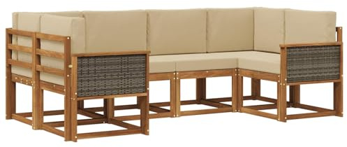 vidaXL Outdoor-Sofagarnitur 6 pcs Natur und Beige Massivholz Akazie, Akazienholz, modernes Gartensofa, Outdoor-Sitzgruppe, Gartenmöbel für die Veranda, wetterfest