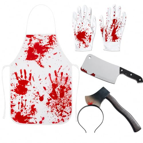 4 PCS Halloween Bloody Butcher Set Reusable Polyester Creepy Costume Props | Butcher Set Includes Bloody Apron, Axe Headband, Blood Gloves & Plastic Knife, Suitable Halloween Creepy Costume and Cosplay