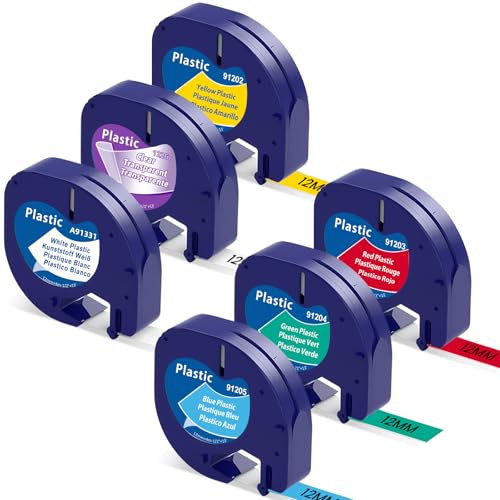 6er Pack Etikettenband Kompatibel mit DYMO Letratag Etikettenband Plastik 12mm x 4m Kompatibel mit Letra Tag XR LT-100H LT-100T QX50 2000 Bänder Schwarzer auf Klar/Weiß/Rot/Gelb/Blau/Grün