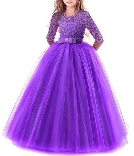 Vestito Elegante da Ragazza Festa Cerimonia Matrimonio Damigella Donna Sposa Prima Comunione Battesimo Carnevale Cocktail Ballerina Prom Abiti Lunghi Estivo per Bambini Viola Scuro 5-6 Anni