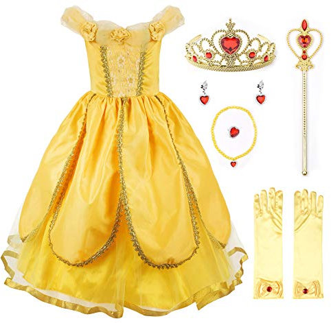 JerrisApparel Niña Princesa Belle Disfraz Tul Fiesta Trajes Vestido (6 años, Amarillo 1 con Accesorios)