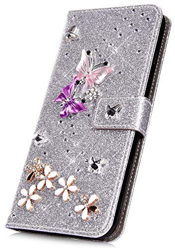 Surakey PU Leder Hülle für Samsung Galaxy A5 2016 Handyhülle Handytasche Glänzend Bling Glitzer Diamant PU Tasche Schutzhülle Flip Case Brieftasche Etui Wallet Case Ständer Kartenfächer, Silber