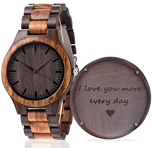 Fodiyaer Engraved Wood Watch for Boyfriend Men Husband Him As Personalized Anniversary Christmas Birthday Father Day Wooden Gifts Idea, Brown, I Love You More Every Day