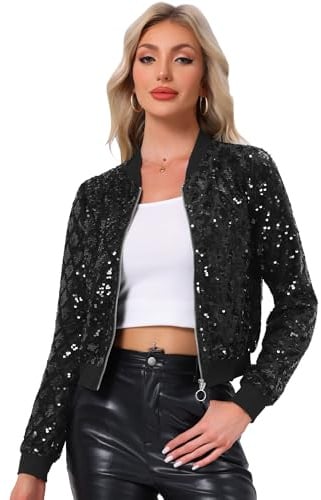Allegra K Damen Glitzer Jacke Bomberjacke Pailletten Sequin Jacken | Langarm Metallic Bomber Party Club Jacke