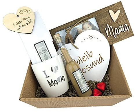 Geschenk für Mama - Likör- besonderes Geschenk - Bilderrahmen- Muttertag - graviertes Holzherz - Tasse- Tee- Präsentkorb - inkl. Geschenkverpackung