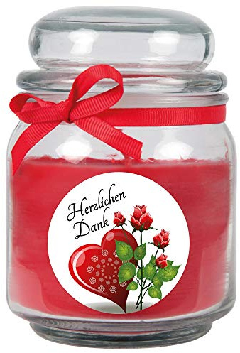 HS Candle Dankes-Duftkerze im Bonbonglas Danke, Duft: Rose (Rot), 300g - Brenndauer bis zu 70 Stunden, Kerze aus Glas mit Duft