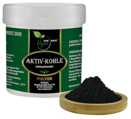 VITA IDEAL Vegan® AKTIV - KOHLE PULVER 100g - Carbo pulveratur - Pflanzenkohle - Holzkohle - AKTIVKOHLE - pflanzlich, natürlich und ohne Zusatzstoffe - inklusive Messlöffel.