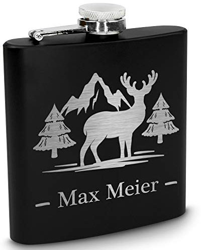 polar-effekt Flachmann aus Edelstahl mit Wunschgravur - 170ml - schwarz - Deutsche Herstellung - Motiv Genießer - praktisch und hochwertig - Motiv: Hirsch mit Tannen