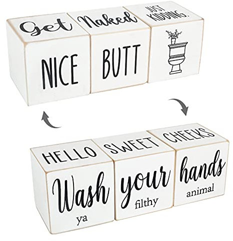 Funny Farmhouse Bathroom Decor and Accessories for Shelf, 4-Sided Wooden Blocks - Nice Butt&Get Naked&Hello Sweet Cheeks&Wash Your Hands Sign, Modern Rustic Restroom Decorations, White 2.8