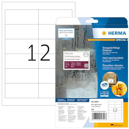 HERMA 4692 Wetterfeste Folienetiketten, 800 Blatt, 97 x 42,3 mm, 12 pro A4 Bogen, 9600 Stück, selbstklebend, bedruckbar, matt, blanko Klebeetiketten Aufkleber aus Folie, weiß