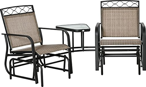 Outsunny Double Outdoor Glider Chair, 2 Seater Patio Rocking Chairs, Swing Bench with Tempered Glass Table, Breathable Mesh Fabric for Backyard, Garden, Porch, Brown