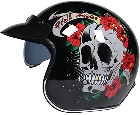 Jethelm Mit Visier, Retro-3/4-Motorrad-Halbhelm, Leichter Vintage-Helm Für Erwachsene Für Männer, Frauen, Erwachsene, Motorradhelm, Scooter, ATV, Bobber-Helm, ECE/DOT-Geprüft,Black skull,S