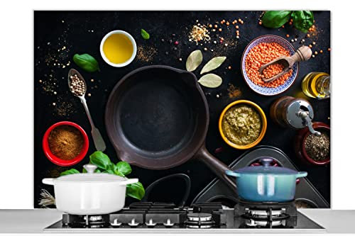 MuchoWow Spritzschutz Küche Küchenrückwand Alu Poster Bilder 120x80 cm Kräuter - Gemüse - Pfanne